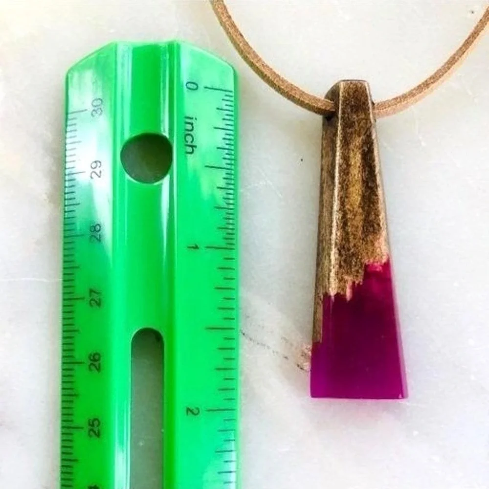Handmade Wood‎ and Magenta Resin Geometric Bar Pendant Necklace Tan Cord